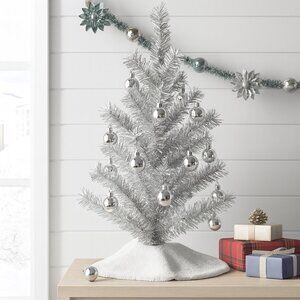 Silver or White Mini Christmas Tree, 15 Shiny Ornaments – 16" Tabletop Holiday